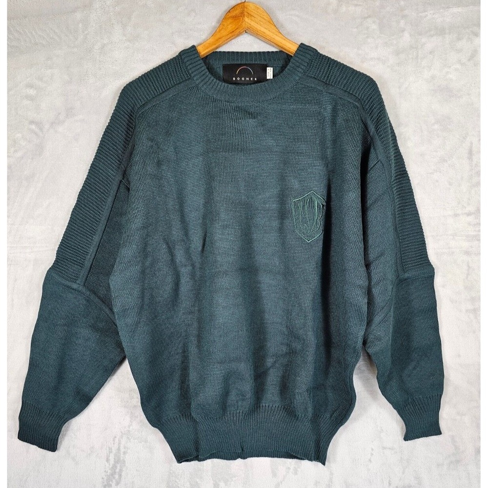 BOGNER Women Medium Sweater Green Crew Neck Wool Blend Ribbed Shoulder Oversized